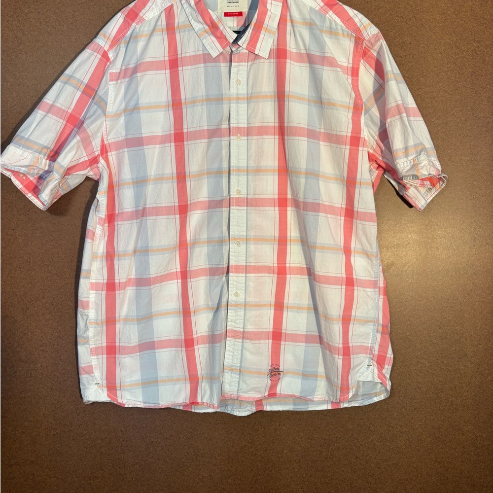 XXL Short Sleeve Casual Pink and White Plaid Button-Down Shirt